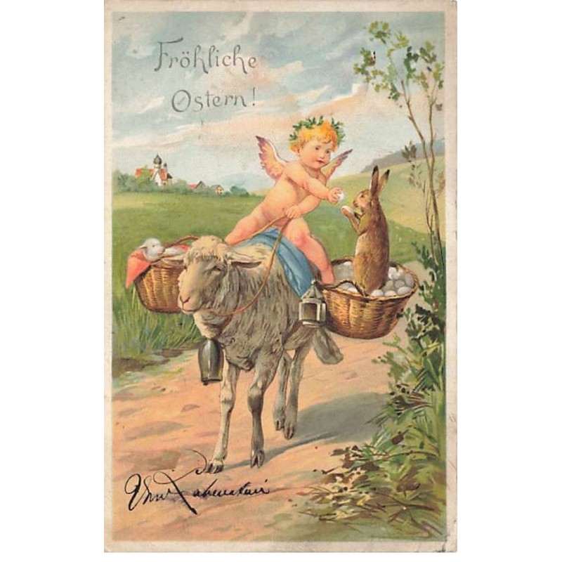 n°24638 - Pâques - Fröhliche Ostern - Ange sur le dos d'un mouton donnant des oeufs
