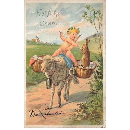 n°24638 - Pâques - Fröhliche Ostern - Ange sur le dos d'un mouton donnant des oeufs