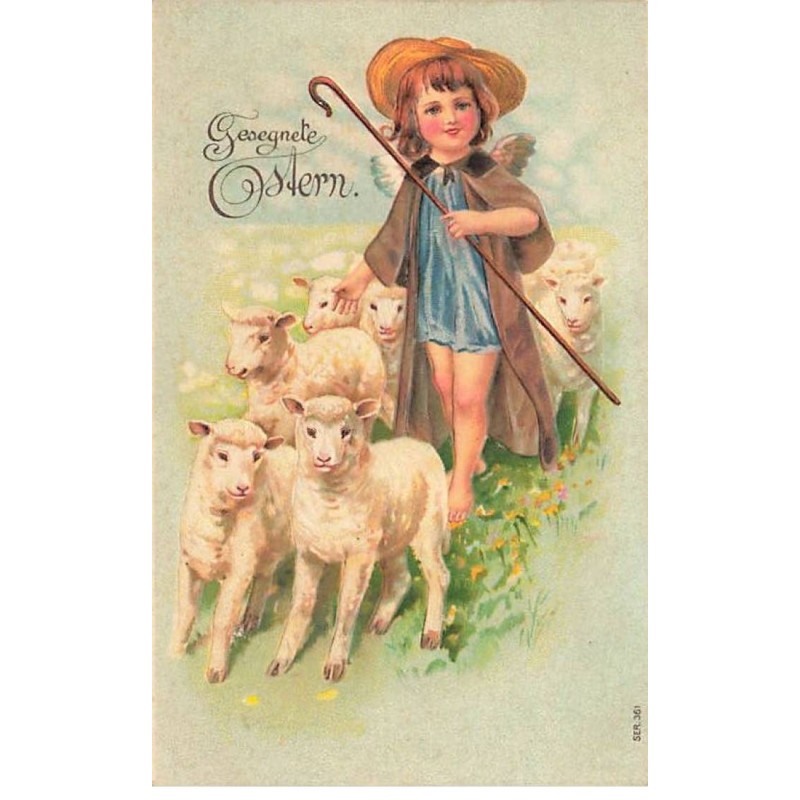 n°24641 - Carte Gaufrée - Gesegnete Ostern - Ange habillé en berger, entouré de moutons
