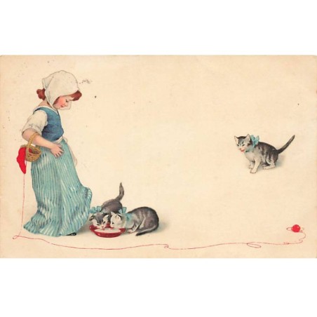 n°24647 - Fantaisie - Fillette regardant des chats buvant du lait