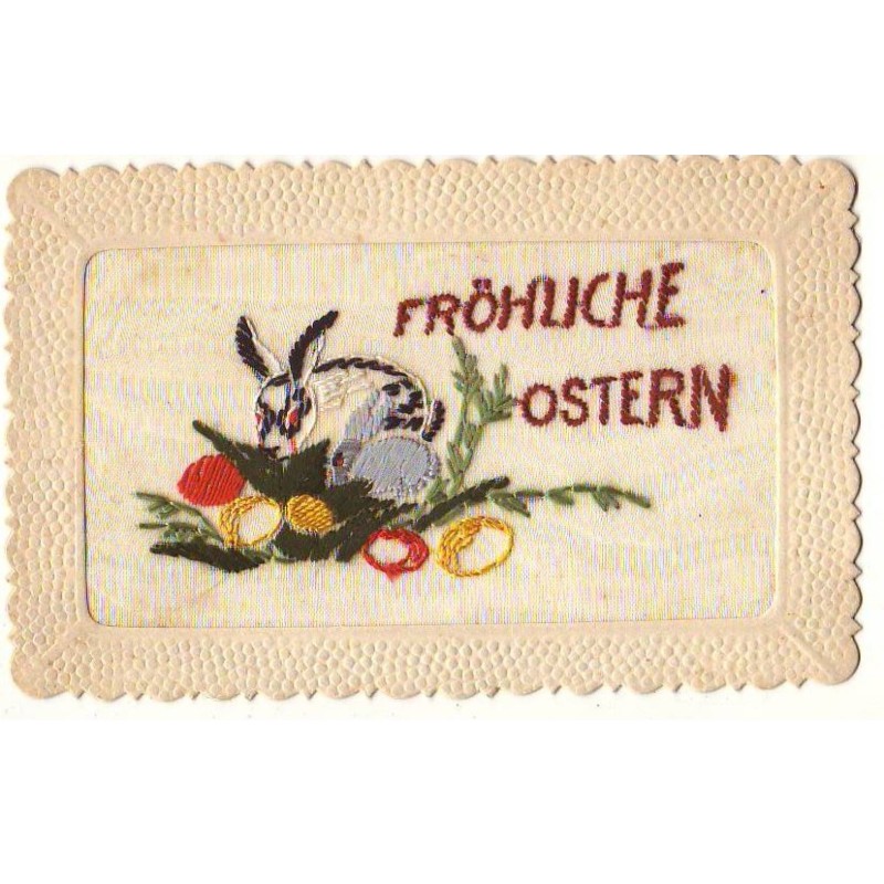 n°24653 - Carte Brodée - Fröhliche Ostern - Lapin au milieu d'oeufs