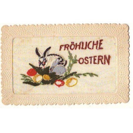 n°24653 - Carte Brodée - Fröhliche Ostern - Lapin au milieu d'oeufs