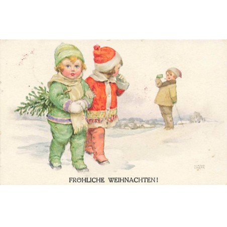 n°24655 - Illustrateur Viktor Unger - Fröhliche Weihnachten - Enfants se promenant dans la neige