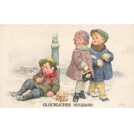 n°24658 - Illustrateur Viktor Unger - Glückliches Neujahr ! - Couple d'enfants passant près d'un garçon buvant