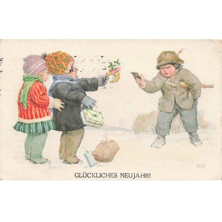 n°24659 - Illustrateur Viktor Unger - Glückliches Neujahr ! - Garçon menaçant d'un révolver deux fillettes