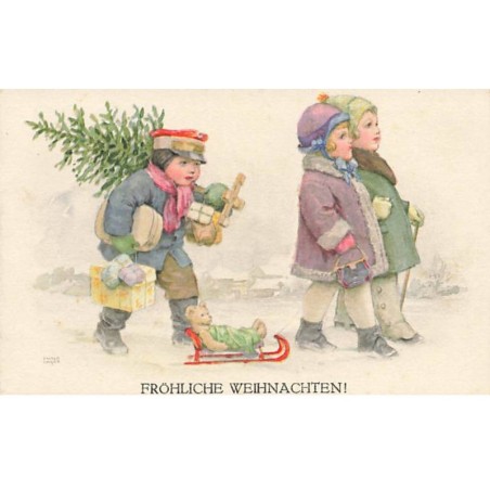 n°24660 - Illustrateur Viktor Unger - Fröhliche Weihnachten - Garçon portant des paquets derrière deux fillettes
