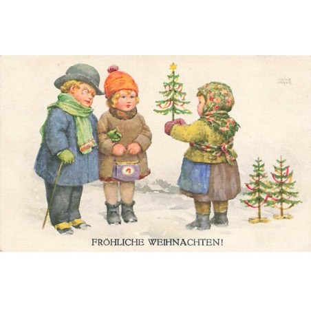 n°24661 - Illustrateur Viktor Unger - MM Vienne n°661 - Fröhliche Weihnachten - Couple d'enfants achetant un sapin