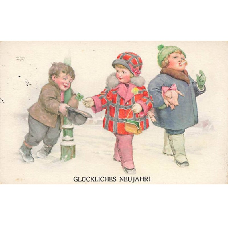 n°24662 - Illustrateur V. Unger - Glückliches Naujahr - Fillettes se promenant, l'une fumant, l'autre donnant un trèfle