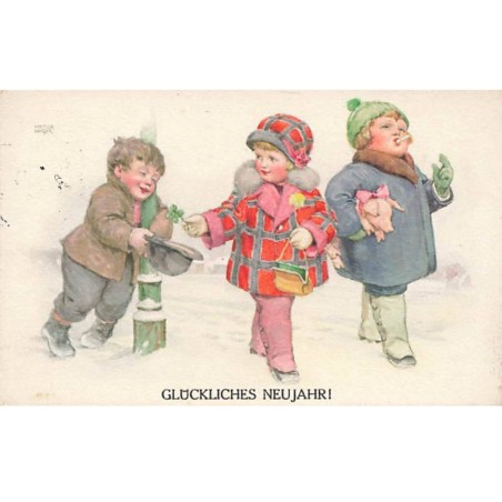 n°24662 - Illustrateur V. Unger - Glückliches Naujahr - Fillettes se promenant, l'une fumant, l'autre donnant un trèfle
