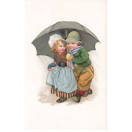 n°24663 - Illustrateur S.B. Pearce - Couple d'enfants se protégeant de la pluie sous un parapluie