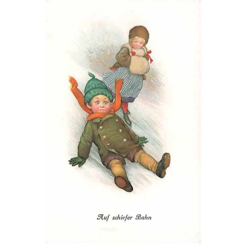 n°24665 - Illustrateur S.B. Pearce - Auf schiefer Bahn - Fillette sur patins à glace, regarant un garçon ayant chuté