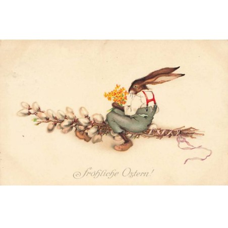 n°24669 - Illustrateur E. Granner - MM Vienne n°729 - Fröhliche Ostern - Lièvre habillé assis sur une fleur de coton