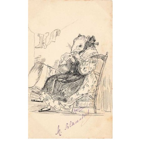 n°24672 - Carte dessinée - Animaux habillés - Souris raccomodant une chaussette