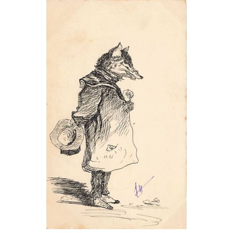 n°24675 - Carte dessinée - Animaux habillés - Renard pensant