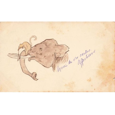 n°24676 - Carte Peinte à la Main - Singe nettoyant les défenses d'un éléphant