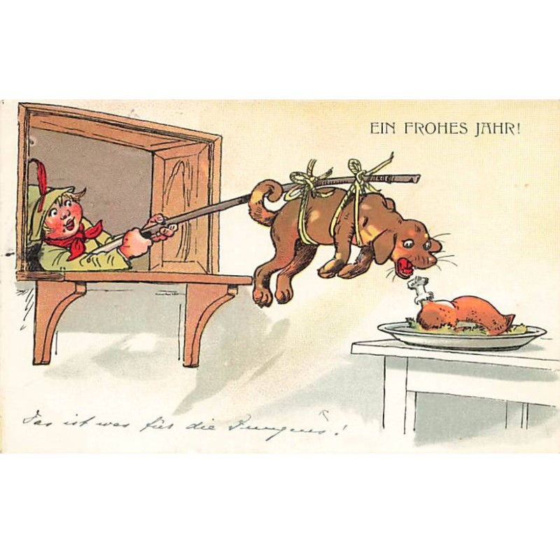 n°24677 - Nouvel An - Ein Fröhes Jahr - Garçon portant un chien pour qu'il attrape un morceau de viande