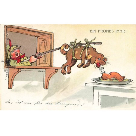 n°24677 - Nouvel An - Ein Fröhes Jahr - Garçon portant un chien pour qu'il attrape un morceau de viande