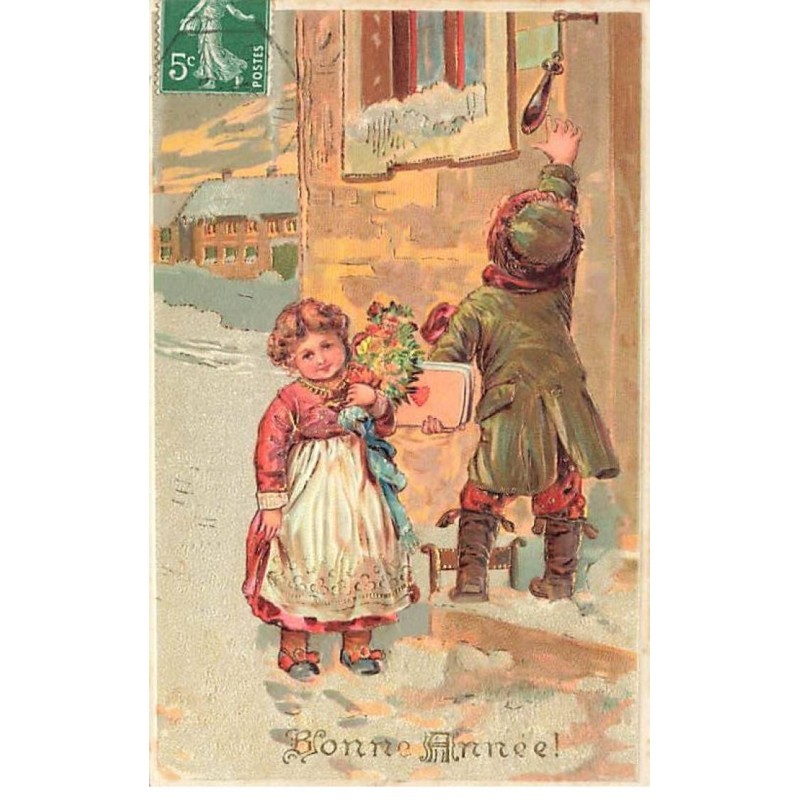 n°24680 - Carte Gaufrée - Bonne Année - Enfants sonnant à une porte