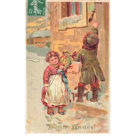 n°24680 - Carte Gaufrée - Bonne Année - Enfants sonnant à une porte