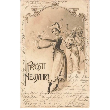 n°24682 - Nouvel An - Prosit Neujahr - Colombine, et Clown trinquant - Carte vendue en l'état