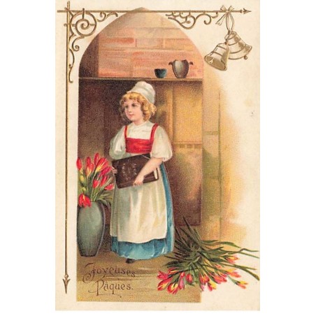 n°24683 - Carte Gaufrée - Clapsaddle - Joyeuses Pâques - Jeune fille portant un livre