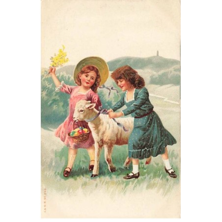 n°24684 - Pâques - A & MB n°549 - Deux fillettes mettant un ruban au cou d'un mouton