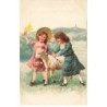 n°24684 - Pâques - A & MB n°549 - Deux fillettes mettant un ruban au cou d'un mouton