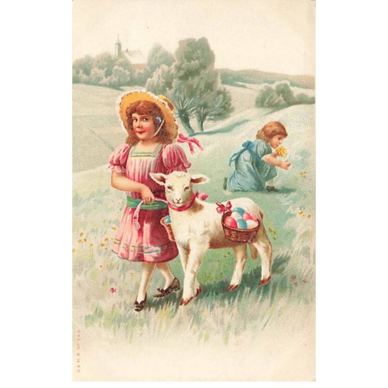 n°24685 - Pâques - A & MB n°549 - Deux fillettes dans un champ, l'une marchant près d'un mouton