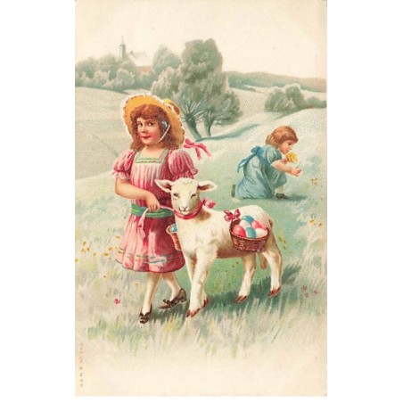 n°24685 - Pâques - A & MB n°549 - Deux fillettes dans un champ, l'une marchant près d'un mouton