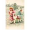 n°24685 - Pâques - A & MB n°549 - Deux fillettes dans un champ, l'une marchant près d'un mouton