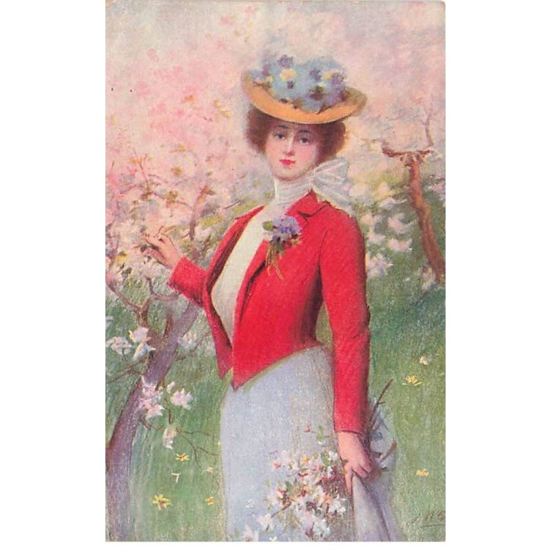 n°24688 - Fantaisie - Jeune femme au milieu d'arbres en fleur - Carte vendue en l'état