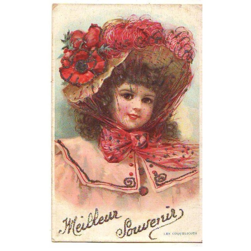 n°24692 - Paillettes - Meilleur Souvenir - Les coquelicots - Jeune fille portant un chapeau avec voilette