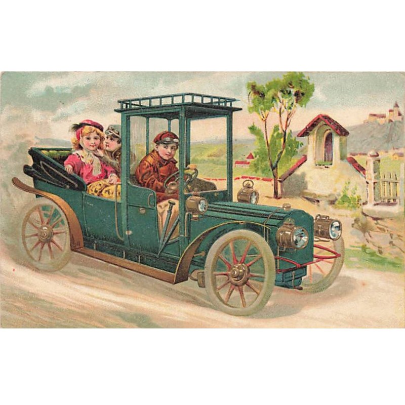 n°24700 - Carte Gaufrée - Fantaisie - Couple d'enfant à l'arrière d'une voiture, conduite par un chauffeur