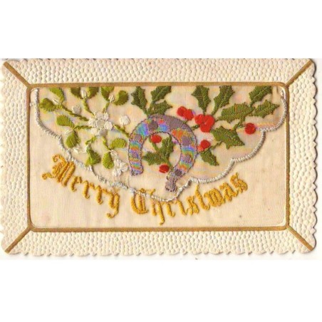 n°24702 - Carte Brodée - Merry Christmas - Fer à Cheval, houx et Gui - Carte vendue en l'état