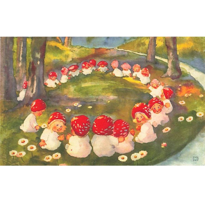 n°24707 - Illustrateur - Mili Weber - Enfants avec des chapeaux de champignon assis en rond