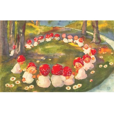 n°24707 - Illustrateur - Mili Weber - Enfants avec des chapeaux de champignon assis en rond