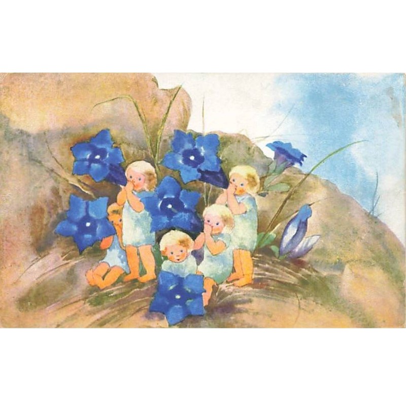 n°24708 - Illustrateur - Mili Weber - Enfants au milieu de fleurs bleues