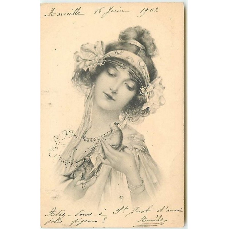 n°11822 - MM Vienne - Jeune femme tenant des pigeons - Art Nouveau