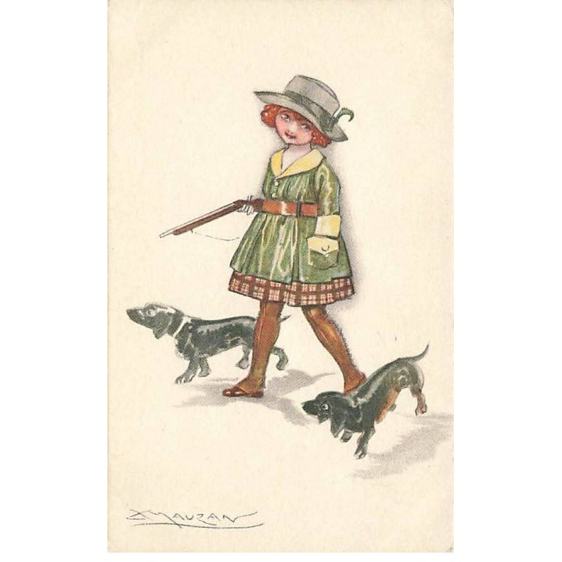 n°24711 - Illustrateur - L.A. Mauzan - Jeune fille portant un fusil entourée de deux teckels - dackel