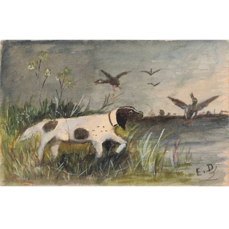 n°24715 - Carte Peinte à la Main - ED - Chien de chasse à l'arrêt devant des canards s'envolant