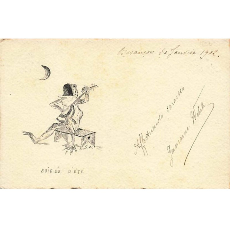 n°24719 - Carte Dessinée à la Main - Soirée d'Eté - Grenouille jouant de la mandoline