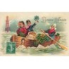 n°24721 - Carte Gaufrée - Bonne Année - Deux garçons et une jeune fille dans une barque - Sac pièces d'or