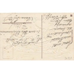 n°24721 - Carte Gaufrée - Bonne Année - Deux garçons et une jeune fille dans une barque - Sac pièces d'or