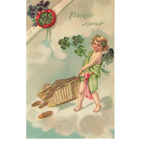 n°24722 - Carte Gaufrée - Bonne Année - Ange tirant un panier rempli de pièces d'or