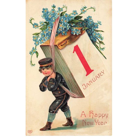 n°24728 - Carte Gaufrée - A Happy New Year - Garçon portant un éphéméride et des myosotis