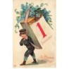 n°24728 - Carte Gaufrée - A Happy New Year - Garçon portant un éphéméride et des myosotis