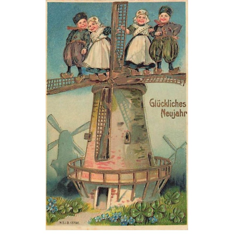 n°24730 - Carte Gaufrée - Glückliches Neujahr - Couples d'enfants sur les ailes d'un moulin à vent