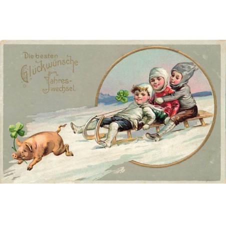 n°24732 - Carte Gaufrée - Nouvel An - Enfants sur une luge suivant un cochon
