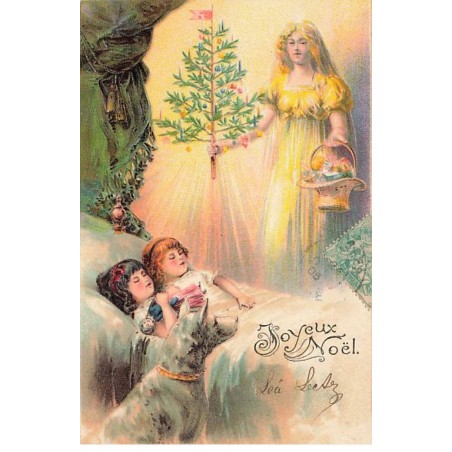 n°24739 - Carte Gaufrée - Joyeux Noël - Ange Gardien apportant un sapin à des fillettes endormies