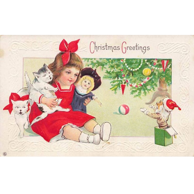 n°24742 - Carte Gaufrée - Christmas Greetings - Fillette tenant un chat et une poupée - Père Noël sortant d'une boite